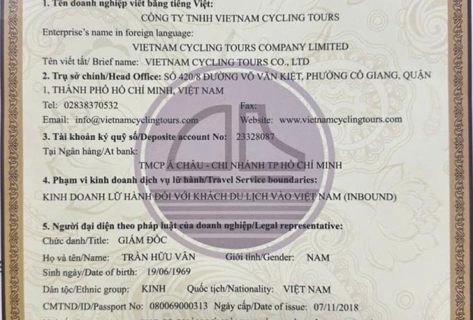 International Tour Operator License of Vietnam Cycling Tours